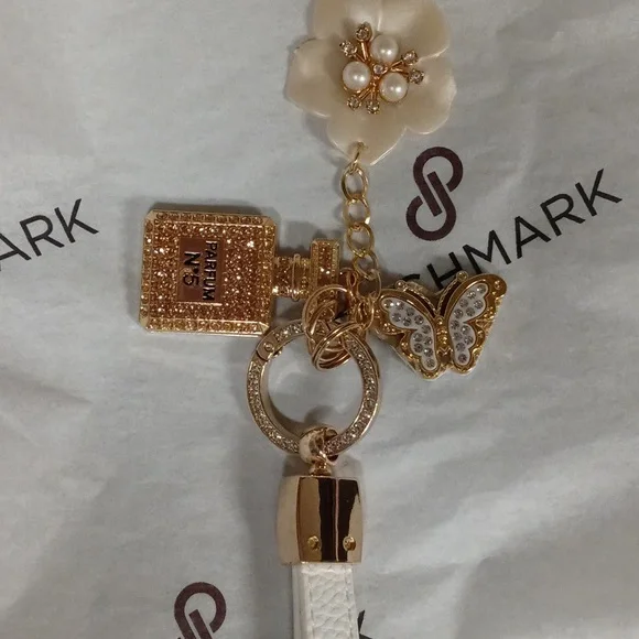 Leather Gold Rhinestone Perfume Bottle Butterfly Flower Bag Charm Handcrafted - Picture 10 of 11